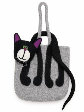 Handmade Felted Wool Black Cat Tote Purse Gray Shoulder Bag Whimsical